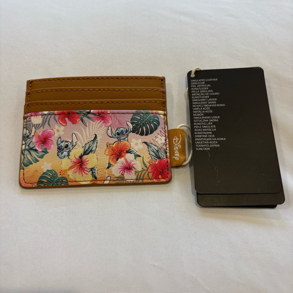 Disney Stitch Tropical Floral Card Holder Wallet Brown Faux Leather Slim Card